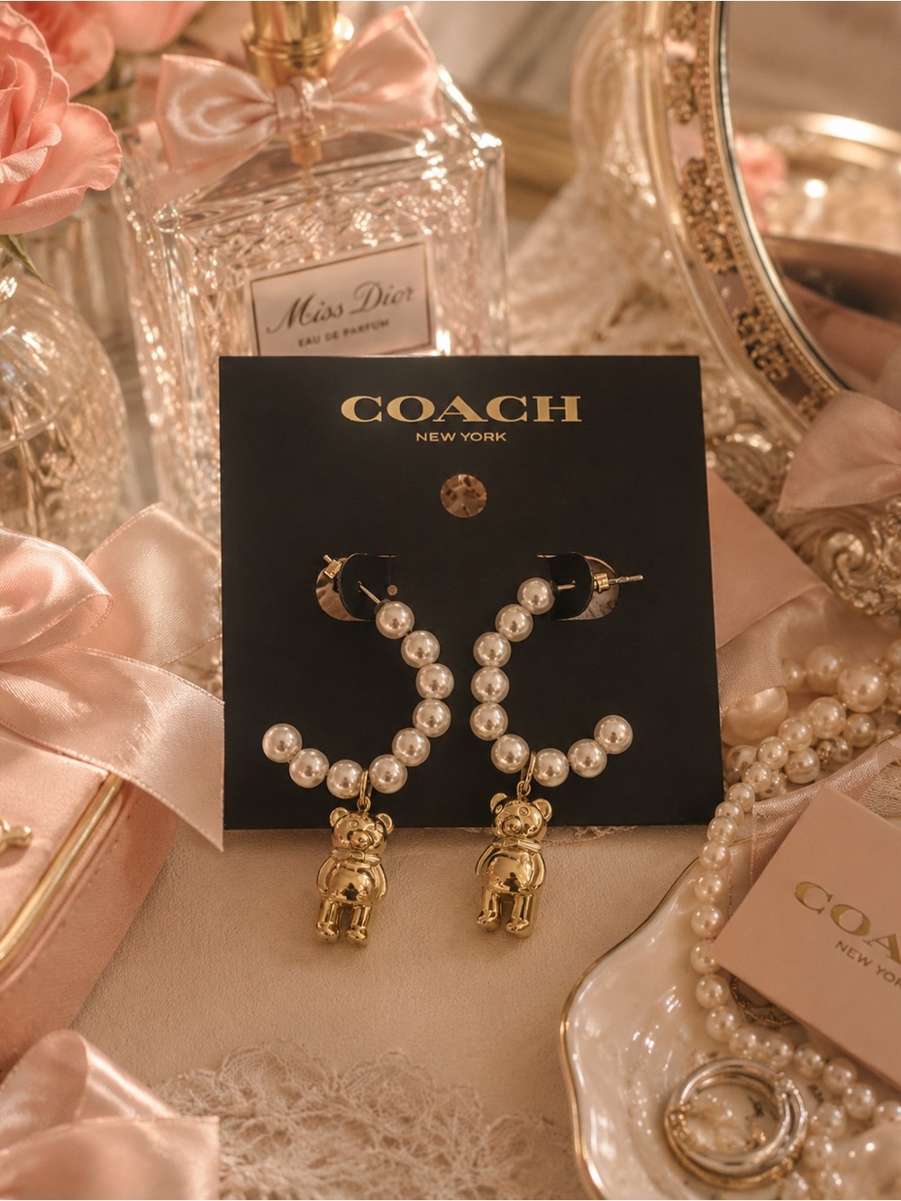 COACH Pearl Teddy Charm Earrings | Feminine Croquette Balletcore